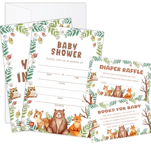 Zgogy 25 Woodland Baby Shower Invitations with Envelopes, Diaper Raffle Tickets, Book Request Cards,...