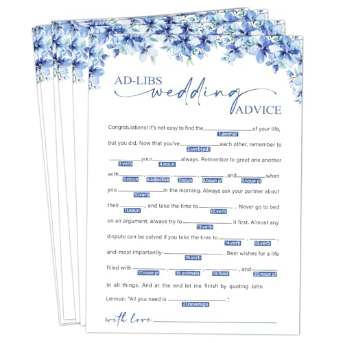 Image of Ad-Libs Wedding Advice Bridal Shower Games, 25 Blue Floral Bridal Shower Game Cards Set, Engagement Party Game for Guests, Wedding Games for Reception, Minimalist Marriage Party Supplies-06