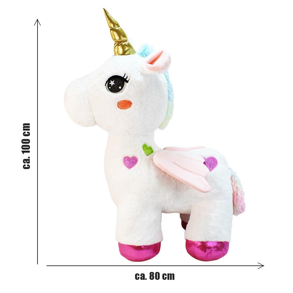 BEMIRO XXL Einhorn Kuscheltier – ca. 90 cm – großes Plüschtier mit goldenem Horn und Glitzerherzen – Farben Rosa oder Weiß wählbar