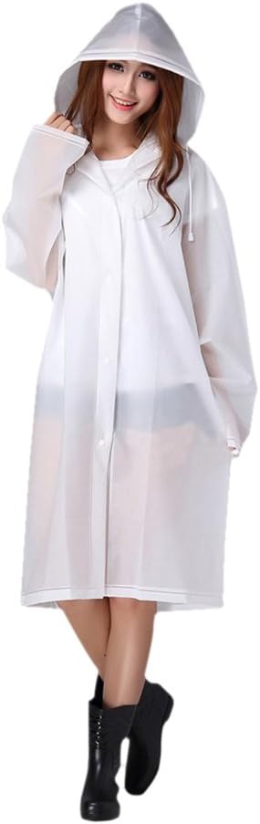FakeFace Brand Women's Raincoat Long Sleeves with Hood EVA Translucent Waterproof Plain Colour Rain Jacket Long Hooded Rainwear Ladies Showerproof Mac with Pouch for Women, XL, White