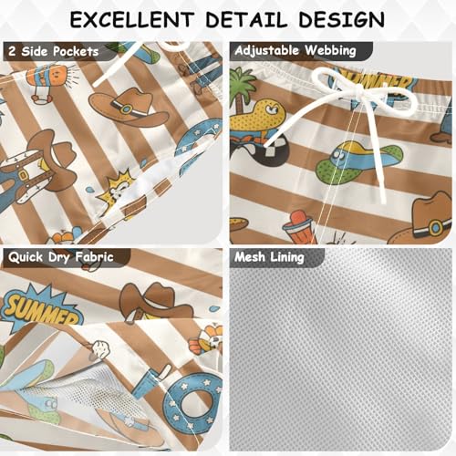 Brown White Vintage Western Cowboy Boys Swim Trunks Youth Swimsuits Quick Dry with Liner Beach Hawaii Vacation 2T3