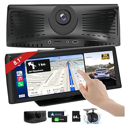 Portable Wireless Carplay Screen for Car with Dash Cam & 1080P Backup Camera, 8.1' Touch Screen Car Stereo with Apple Carplay & Android Auto, BT/FM/AUX/GPS Nav/Mirror Link/Voice Control