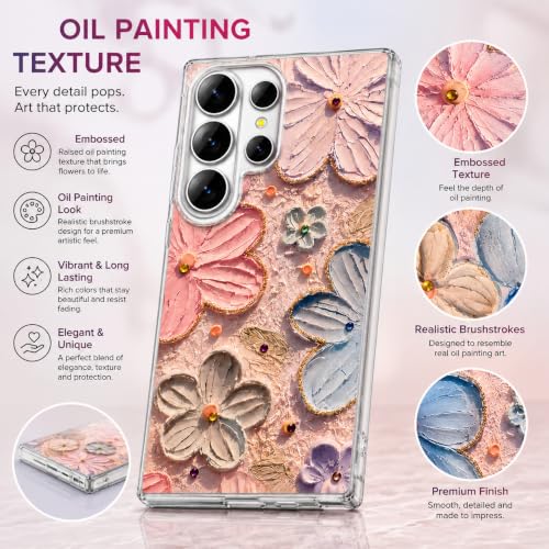 Image of Elzzi Compatible with Samsung S26 Ultra Case Laser Flower Oil Painting Cute Colorful Blue Ray Bumper with Full Camera Protection Shockproof PC+TPU Glossy Shiny Cover for Girls Women, Pink