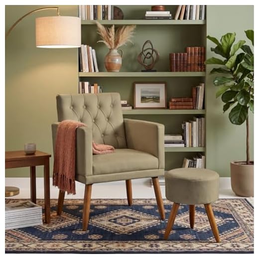 Poltrona Decorativa com Puff resistente moderno para sala de estar Recepção (Cappuccino)