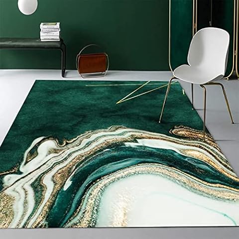 Rectangular Area Rug Household Anti-Slip Carpet Bedroom Rugs Luxury Deep Emerald Green Geometric Gold Lines White Marble Soft Large Home Decorator Floor Corridor Bedside Carpet 80 x 120 cm Cover