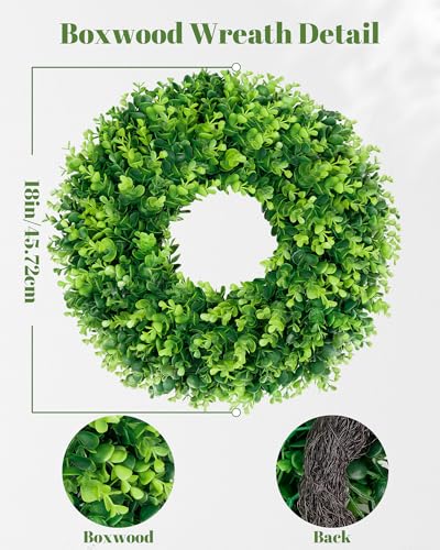 Image of DDHS 16-18in Small Boxwood Wreath for Front Door - Artificial Green Farmhouse Wreath, Spring Summer Fall Winter DIY Decor, for Indoor Outdoor Year-Round Wedding Home Decorations