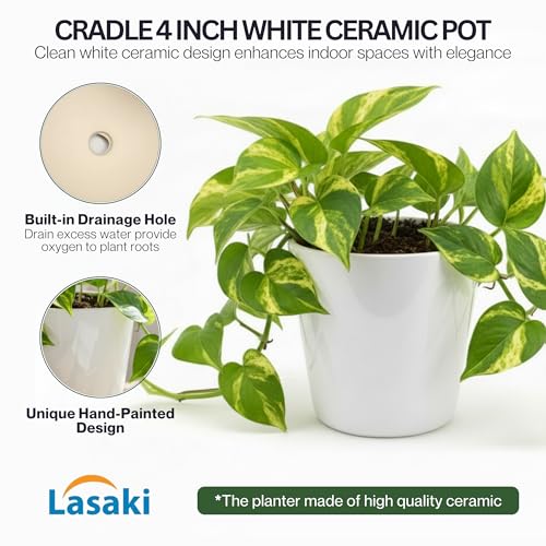 Image of Lasaki Cradle 4 Inch White Ceramic Pots for Indoor Plants, Planters, Gamla, Outdoor, Balcony, Home, Round, Garden, Office Decor, Succulent (H - 9.5 X D - 10.5 Cm) (Plants Not Included)