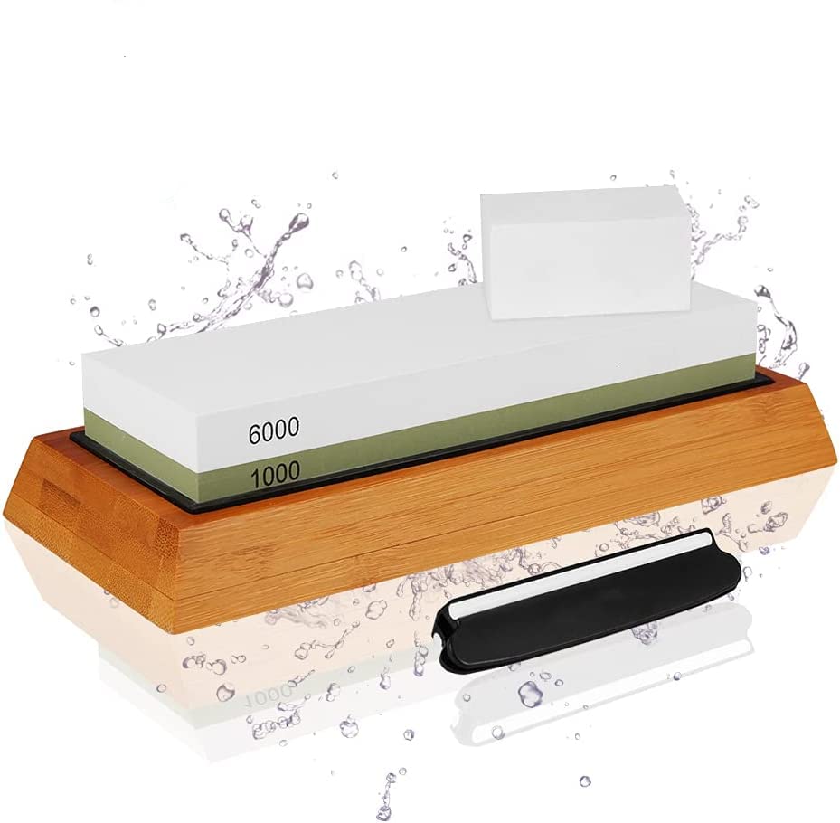 Grifucher Sharpening Stone Kit Whetstone Dual Sided 1000/6000 Grit Professional Knife Sharpener Wet Set Nonslip Bamboo Base Angle Guide, and Fix White