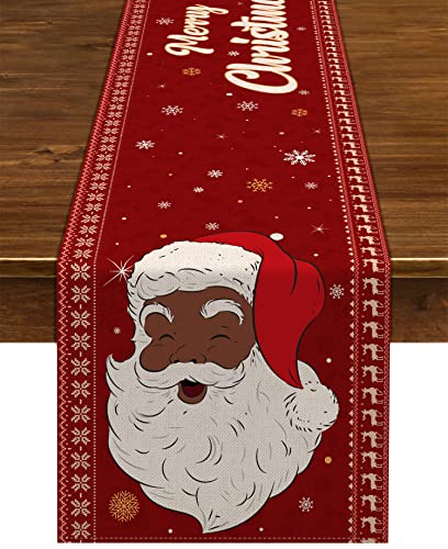 Nepnuser Black Santa Claus Merry Christmas Table Runner African American Snowflakes Home Table Decor Xmas Winter Holiday Kitchen Decoration-72Inches #TOP27