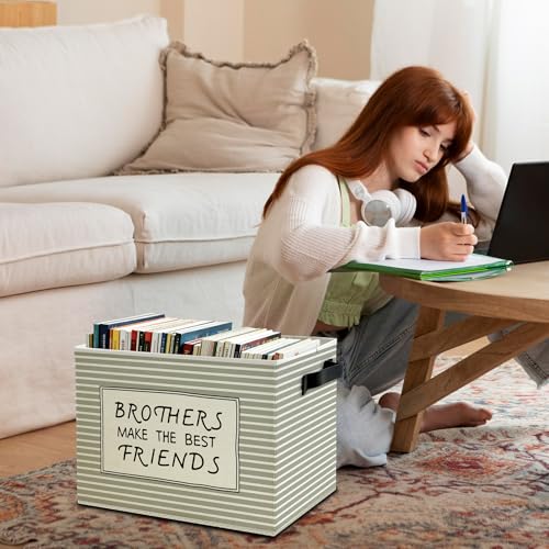 Image of Boy Nursery Storage Bins Box with Handles, Brothers Make the Best Friends Neutral Striped Collapsible Basket Organizer for Kids Boys Room Bedroom Playroom Bathroom Books Clothes