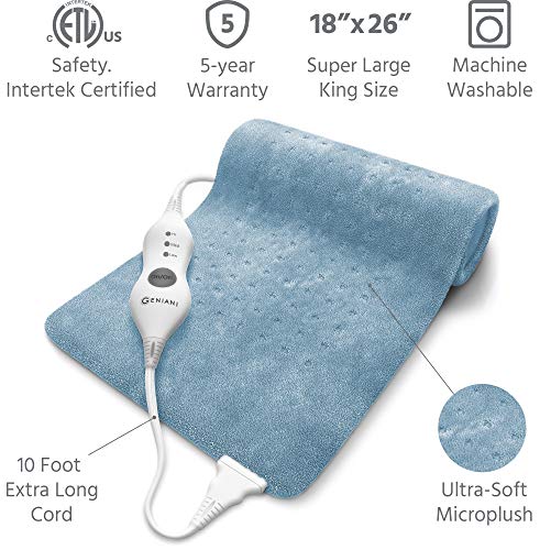 XXL Heating Pad - Electric Heating Pad for Moist and Dry Heat Therapy - Fast Neck/Shoulder/Back Pain Relief at Home (18" x 26"), GENIANI (Wisdom Gray)