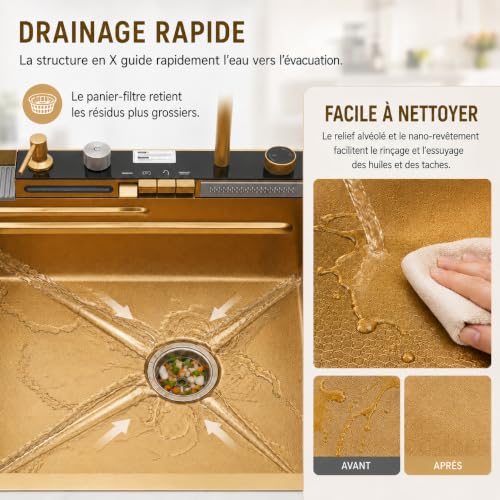 Évier de cuisine multifonction cascade robinet amovible plusieurs variantes de bec avec nettoyant pour tasses et distributeur de détergent 75 x 46 x 22 cm Doré – vue 7