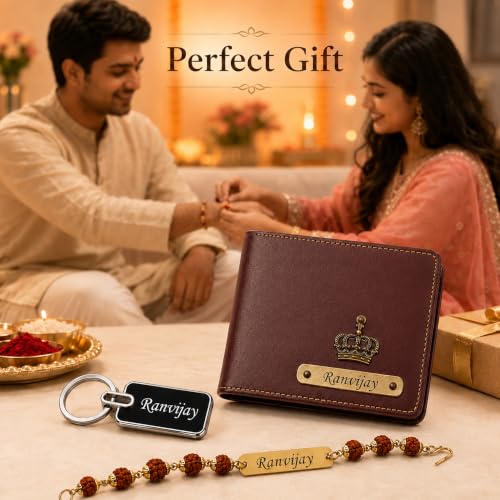 Image of SAVRI Rakshabandhan Gift for Brother | Customized Men's Leather Wallet with Name & Charm, Personalized Metal Keychain & Customized Rudraksha Rakhi with Name | Rakhi Gift for Brother