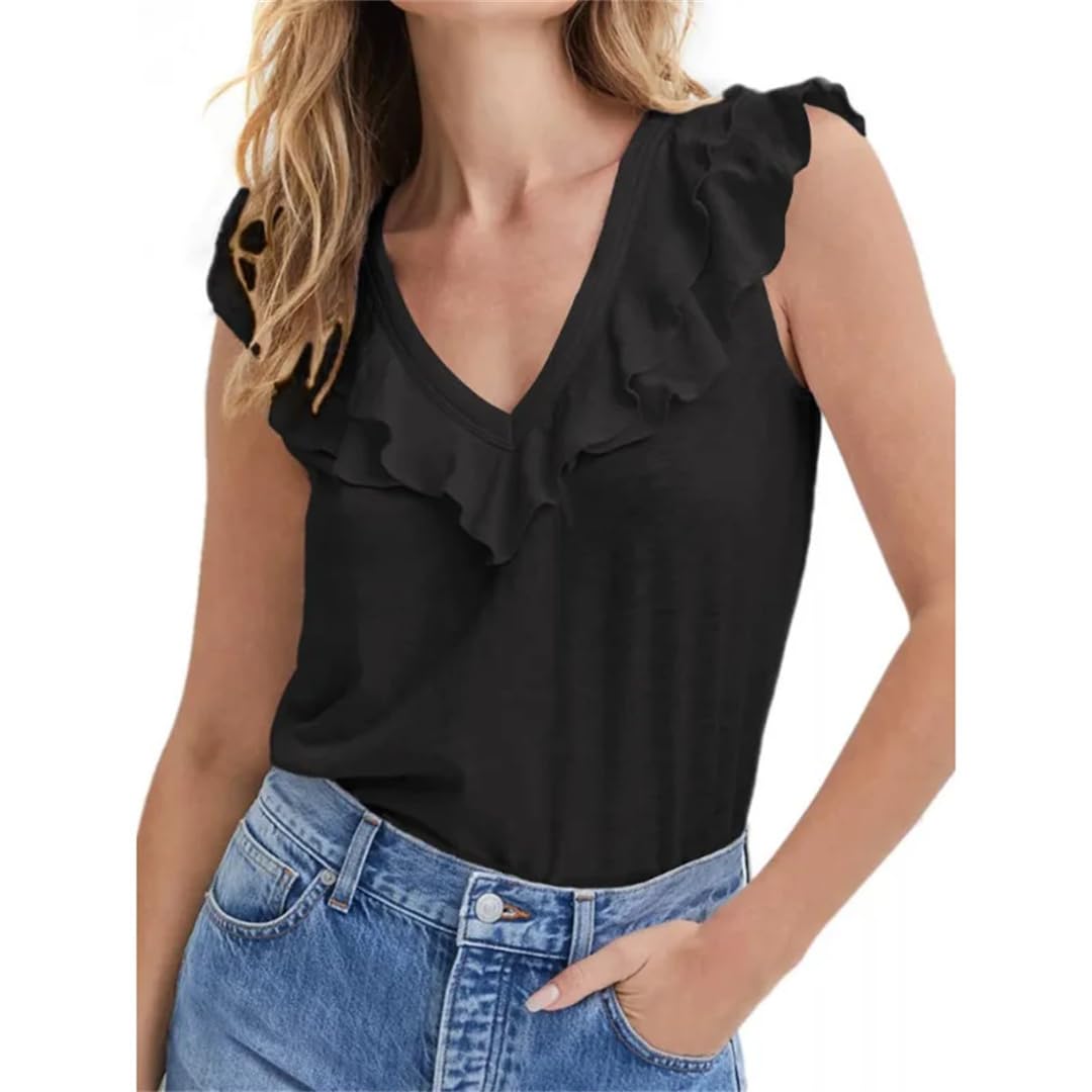 Camicie da donna estive casual con volant senza maniche scollo a V sciolto solido top