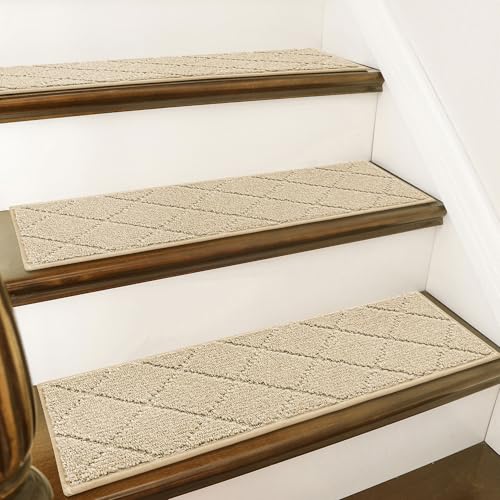 Image of COSY HOMEER Stair Treads for Wooden Steps 9 inchx28 inch,Washable Non Slip Carpet Stair Treads with Reusable Residue Free Backing Soft Peel and Stick Stair Runner Rugs for Kids Elders Pets,Warm Beige,4pcs