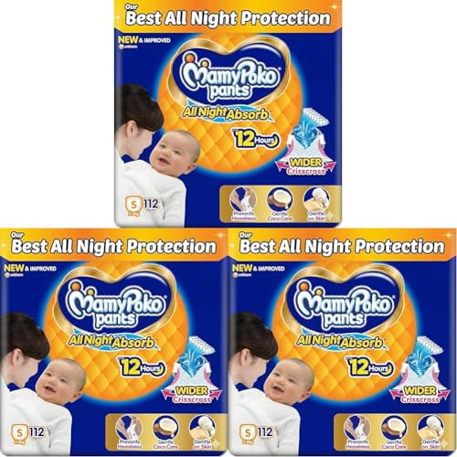 Image of Mamypoko pants All night absorb| Pant Style Baby Diapers Small Size(S), 112 Count, Ideal for upto 5Kgs|1 Diaper: Upto All night Absorption|Wider Crisscross Sheet|Gentle Coco Care| 12hr Leakage Protection| Prevents Heaviness (Pack of 6)