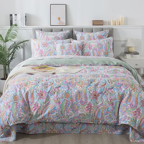 FADFAY Paisley Duvet Cover Set Bohemian Damask Paisley Bedding Pink Boho Paisley Comforter Cover Set 100% Cotton Ultra Soft Quilt Cover with Hidden Zipper Closure 3Pcs, King/California King Size