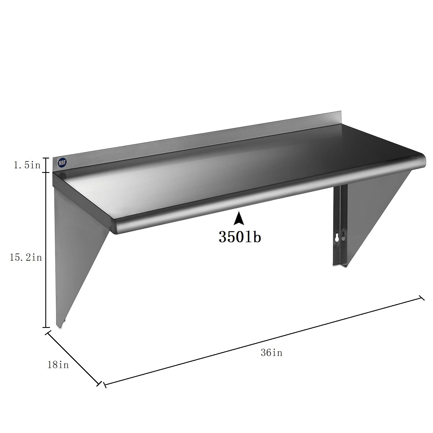 Rockpoint Edelstahlregal 45,7 x 91,4 cm, 145,1 kg, NSF kommerzielle Wandhalterung Schweberegal für Restaurant, Küche, Zuhause und Hotel, Silber
