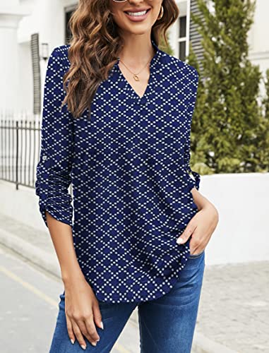 Halife Women's V Neck 3/4 Sleeves Plaid Print Tunic Tops Shirts To Wear With Leggings Navy Blue Xl #TOP3