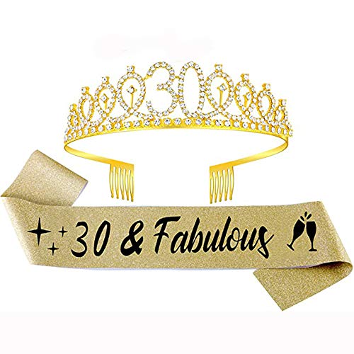 Geburtstagskrone 30. Geburtstag Crystal Tiara Crown mit 30 & Fabulous Geburtstagsschärpe Feier Princess Crown Party Jubiläumsfeier