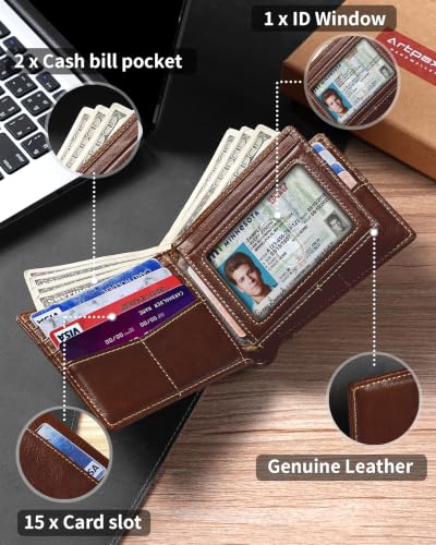 Image of Artpaxy Mens Wallet Bifold Genuine Leather RFID Blocking Wallet for Men with 1 ID Window 15 Card Holders 2 cash pockets 1 Gift Box