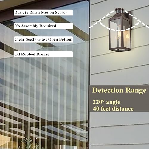Image of MICSIU 12.75 inch Bronze Motion Sensor Traditional Outdoor Light Fixture 1 Pack | Dusk to Dawn Outside Wall Sconce with Clear Seedy Glass, 3 Modes Farm Porch Light for House Garage Deck