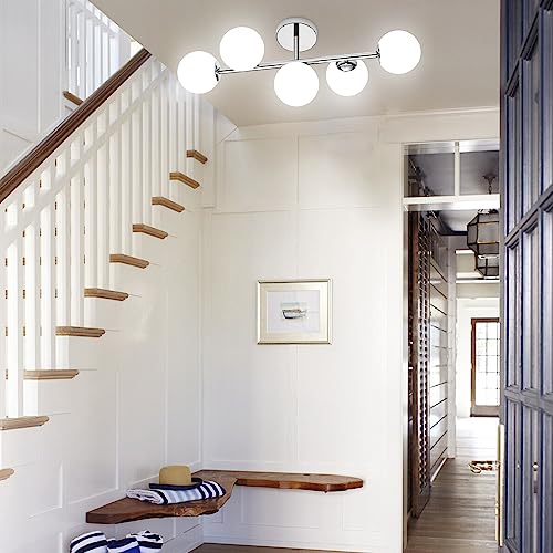 Image of Bathroom Vanity Lights, Mid Century Modern 5-Light Bathroom Light Fixtures, Chrome Bathroom Lights Ceiling Light, Wall Sconces Wall Mount Light Fixtures with Milk Globe Glass, Chrome Finish, G9 Base