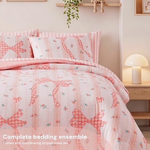 Image of Twin XL Comforter Set with Sheets for Girls-5 Pieces Twin Bedding Sets | Soft Printed Cute Bow Comforter with Pillowcases & Shams, 66 inch X 90 inch