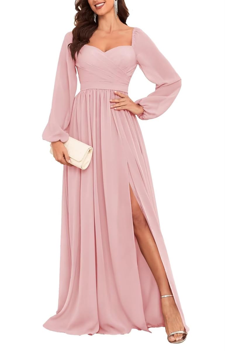 HPPEE Blush Pink Bridesmaid Dresses with Sleeves for Women Pleated Chiffon Long Sleeve Formal Dress Evening Gown UK18