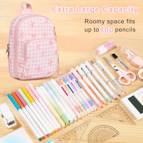 Image of LEDAOU Pencil Case Cute Zipper Pencil Pouch Large Capacity Pencil Bag Organizer School Supplies for Girls Boys Kids (Pink Checkered Bow)