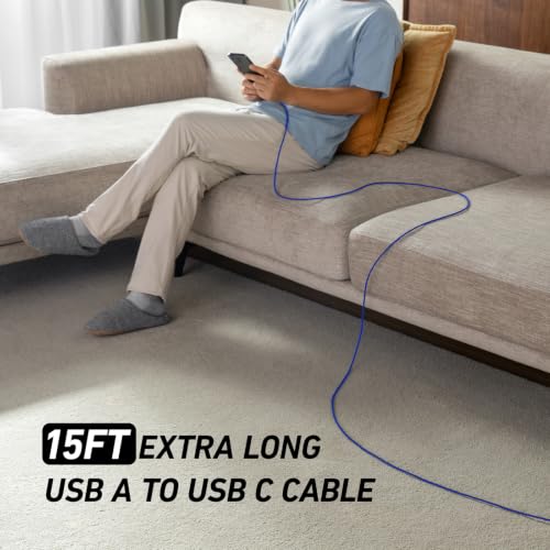 Image of Extra Long USB A to USB C Cable 15FT, USBC Charger Fast Charging Cord Braided Type C Cable for iPhone 17 Pro Max, 16 15, iPad Pro,Air,Mini, Samsung Galaxy, Pixel, Moto, Android Phones & Tablets - Blue