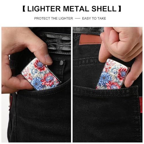 Funda para Encendedor Flores Rojas y Azules de Metal miniatura 3
