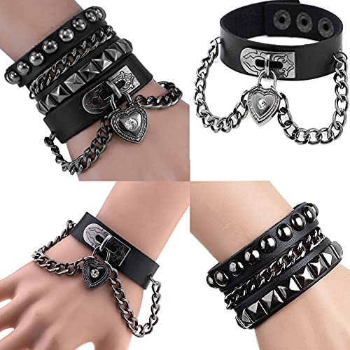 Perfect 4U Rivet Bracelet Multilayer Black Leather Cuff Heart Pendant Bangle Studded Chain Wrist Punk Sports Rock Bracelet Adjustable3