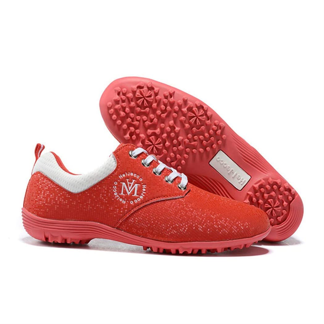 WJFGGXHK Ladies Golf Shoes, Waterproof Golf Sneakers Outdoor Anti-Slip Walking Trainers for Women Boys,Red,36 EU