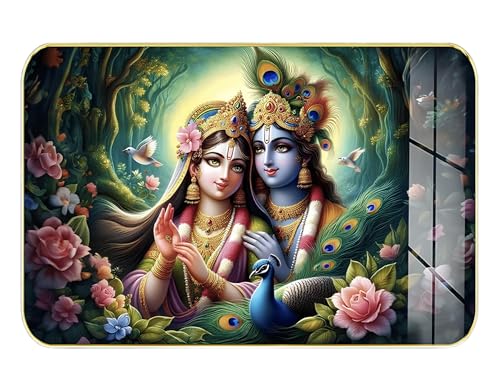 Image of Masstone Radha Krishna Crystal Embedded High Gloss Wall Painting, Golden Slim Frame, 45x30 Cm Wall Art for Living Room, Bedroom, Office & Home Decor (CRG33)