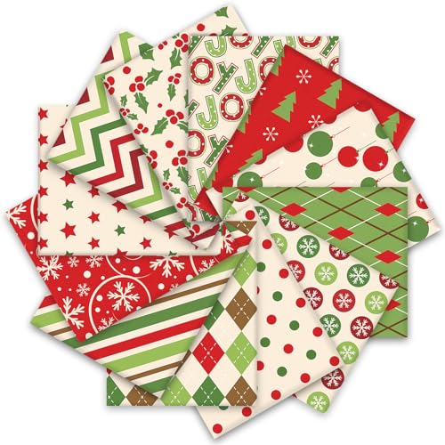 Whaline 12Pcs Cotton Fabric Bundles Xmas Tree Snowflake Dot Stripe Printed Fat Quarters Holiday Sewing Fabrics for Christmas DIY Handmade Crafting, 18 x 22 Inch
