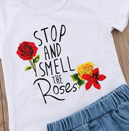 Toddler Baby Girls Smell The Rose T Shirttops + Denim Skirts Clothing Outfit Set (1-2Years, White) #TOP3