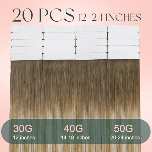 Image of Easyouth Human Hair Extensions Tape in Ombre Hair Extensions Tape Balayage Medium Brown to Honey Blonde Mixed Platinum Blonde Adhesive Tape Hair Extension Easy to Apply 50g 20pcs 22 Inch