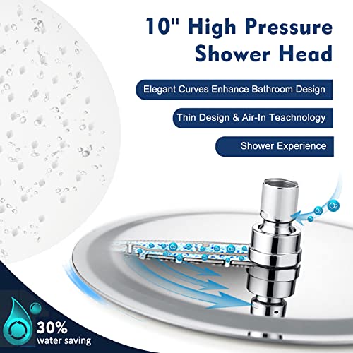 Pdpbath 10" Rain Shower Head With 12" Adjustable Height & Distance Extension Arm, 304 Stainless Steel High Pressure Rainfall Showerhead, All Metal Round Waterfall Showerhead With Extender - Chrome #TOP1