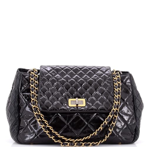 Pre-Loved Accordion Reissue Flap Bag Quilted Glazed Calfskin Maxi, Black