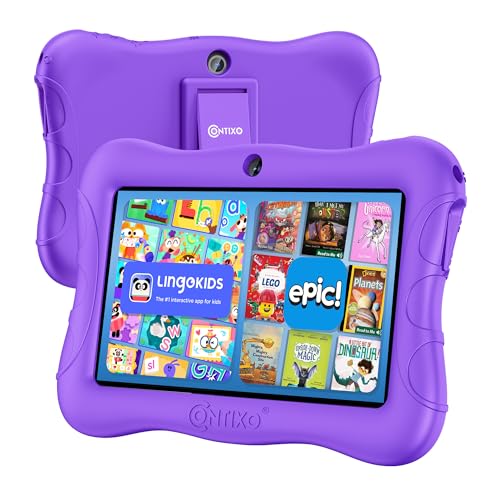 Image of Contixo V9 Kids Tablet, 7 inch HD Android Tablet with Parental Controls, Purple | 7 inch HD display, Android 11, 32GB storage, Wi-Fi, dual cameras, parental controls, protective case, ages 3-7.