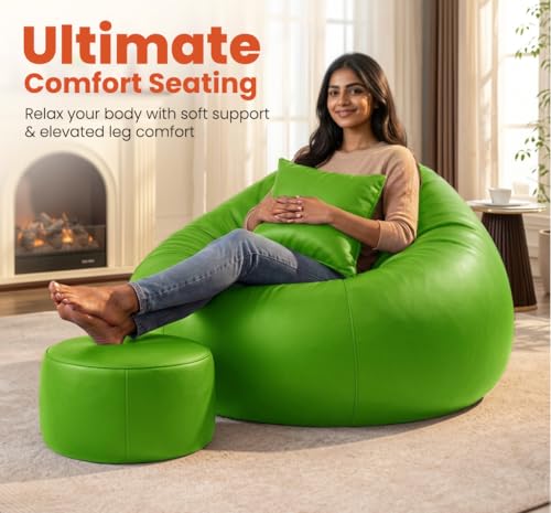Image of Sattva Classic 3XL Bean Bag Chair with Beans Filled | Sofa Style Faux Leather Beanbags with Footstool & Cushion | Comfortable Bin Bags Sofa for Adults & Teens, Living Room & Office | Neon Green