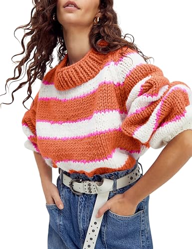 Image of Yeokou Women Stripe Pullover Sweater Turtleneck Ribbed Knit Top Casual Fall Winter Chunky Knitwear
