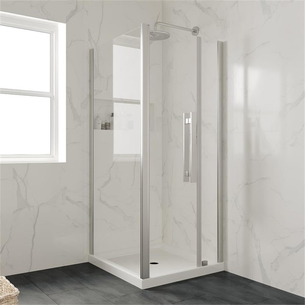 Pemberly Row 34"W x 32"D Reversible Shower Base, Center Drain, Fiberglass and Resin Construction, Textured Slip-Resistant Surface, Single Threshold, Corner or Standard Shower Pan for Bathroom