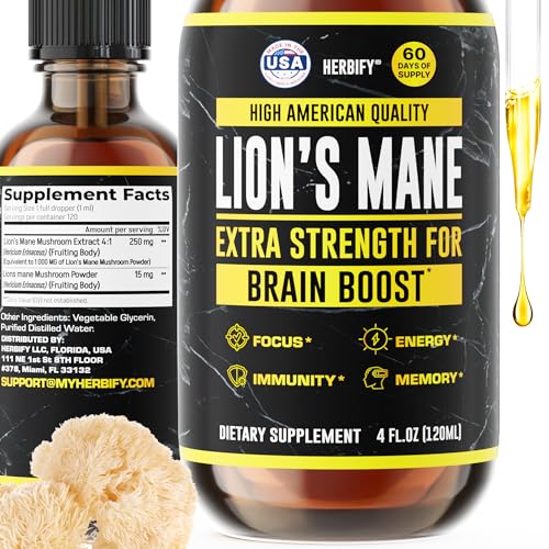 HERBIFY Lions Mane Supplement - Daily Mushroom Supplement for Memory, Focus & Clarity - Brain Booster - Lions Mane Tincture for Immune Support - 4 Fl oz