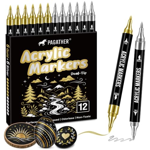 Image of Pagather Gold and Silver Acrylic Paint Markers, Dual Tip with Fine Tip and Brush Tip Pens for Fabric, Stone, Wood, Canvas, Ceramic, Metal, Glass, Rock Painting, DIY Crafts