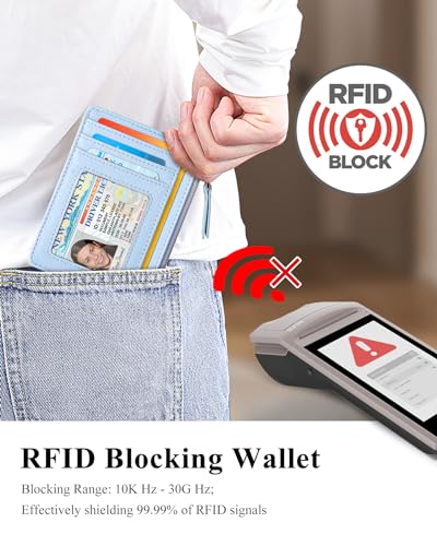 Image of Teskyer Slim RFID Wallet for Women, Small Card Holder with Zip Pocket, Cyan, 3.5 inch x 4.7 inch, Minimalist | Zip Pocket for Cash Coin, 1 ID Window & 7 Card Slots, Ultra Slim Design, D-Ring for Neck Lanyard, for Daily Carry and Travel