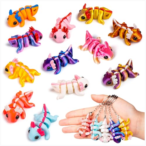 12PCS 3D Printed Axolotl Keychains Bulk Flexible 3D Printed Axolotl Figures Colorful Printed Axolotls Stress Relief for Party Play Display Christmas Valentines Day Gifts