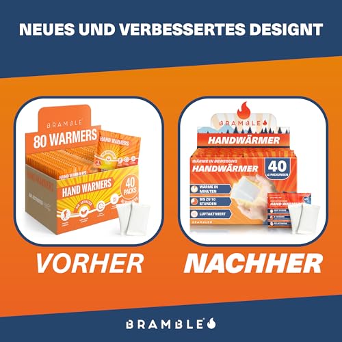 Bramble – Handwärmer (40 Paar, 80 insgesamt) – Luftaktivierte Taschenwärmer für Outdoor-Aktivitäten – Wärme in Minuten – Bis zu 10 Stunden Wärme