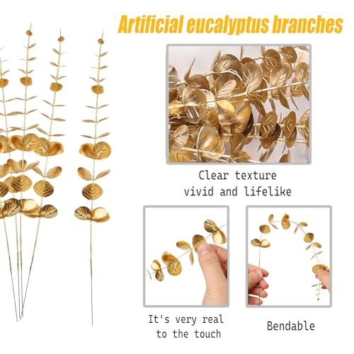 RHQFDM 24Pcs Golden Artificial Eucalyptus Stems,15-inch Faux Branches Leaves,Artificial Eucalyptus Branches,Permanent Golden Leaves,Perfect for Styling Vases,Tabletops,and Wedding Celebrations - Image 3